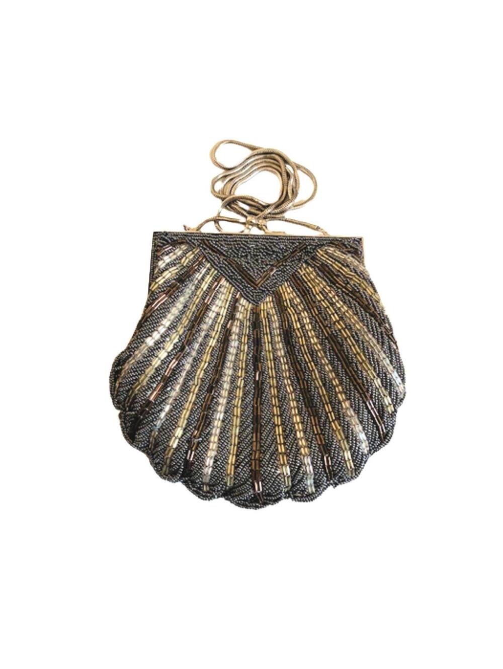 Vintage 1980s Beaded Scalloped Shell Evening Clutch Bag